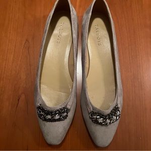 TALBOTS GREY SUEDE FLATS WITH GUNMETAL CHAIN EMBELLISHMENTS